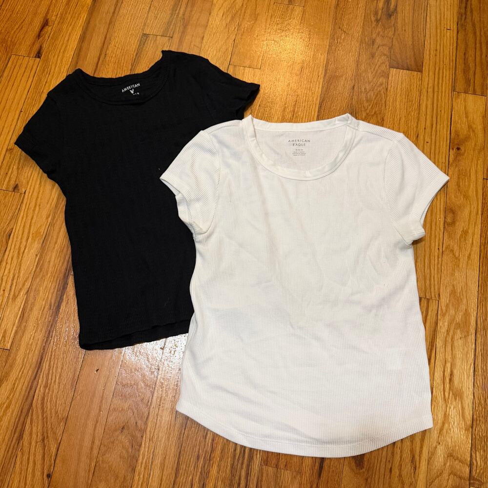 American Eagle Black and White Crew Neck Waffle Knit Short Sleeve Shirts Sz M L